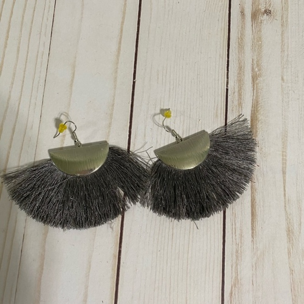 Grey fringe earrings with silver accents